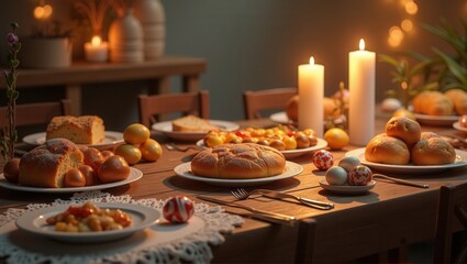 An Easter table scene with freshly baked bread, decorated eggs, sweet treats, and candles, evoking warmth and celebration. Generative, AI,