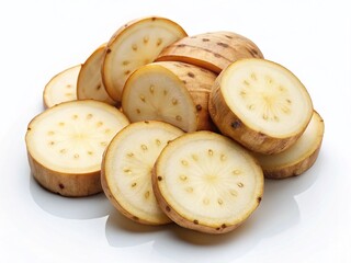 Fresh Yuca Slices Isolated on White Background - Healthy Vegetable Food Photography