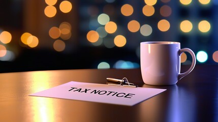 A tax notice letter placed on a desk next to a coffee cup, with a colorful, blurred cityscape in the background.
