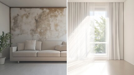 A side-by-side visual of untreated moldy ceiling versus a cleaned, mold-free ceiling.