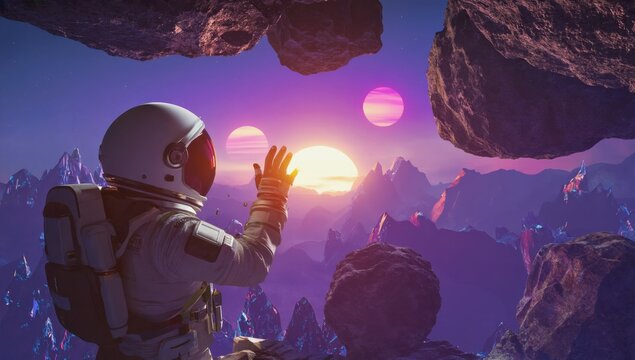 Astronaut exploring alien landscape outer space digital cosmic view