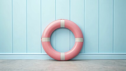 Pink lifebuoy rests against light blue paneled wall, creating striking contrast.