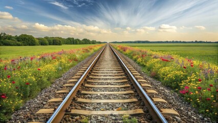Obraz premium Railway track stretches endlessly through vibrant field of colorful wildflowers, under vast blue sky.
