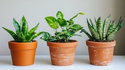 Fototapeta premium A simple indoor plant arrangement in earth-tone ceramic pots.