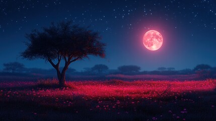 Naklejka premium Pink Moonlit Meadow, Night Tree