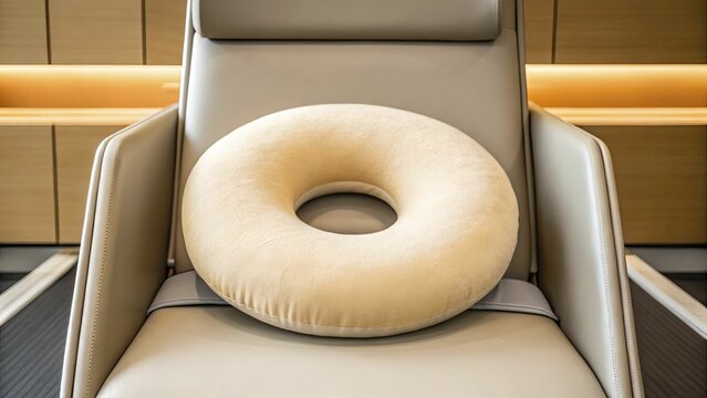 Plush donut cushion rests on sleek modern chair.