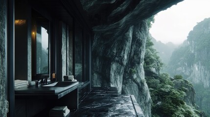 A sleek bathroom featuring black, white, and stone-textured elements.