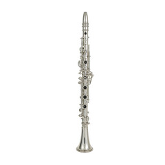 Radiant silver clarinet with glossy keys  elegant design showcased on white background capturing classical woodwind beauty