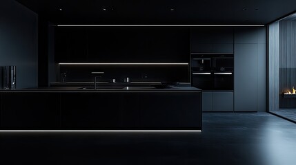 Obraz premium A sleek black-and-white kitchen with bright white lighting enhancing its clean aesthetic.
