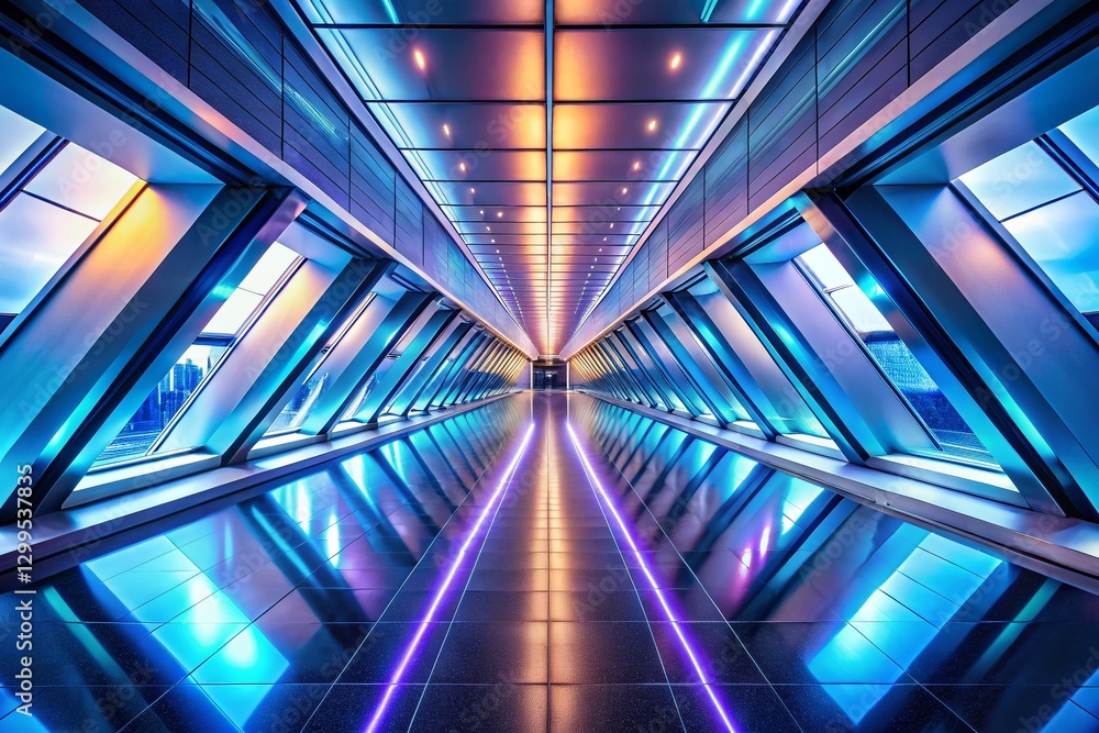 Poster futuristic empty corridor with triangular ceiling - sci-fi architecture stock photo