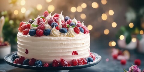 Delicious berry topped cake decorated with cream and fresh fruits for a festive celebration in a cozy setting
