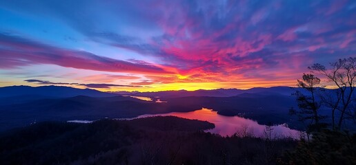 Panoramic View of a Colorful Lake Sunset with Silhouetted Mountains Landscape