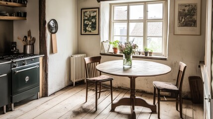 A small, rustic-style round dining table in a compact open-plan kitchen.