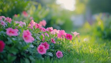 Obraz premium Pink and White Petunias Blooming in a Sunny Garden