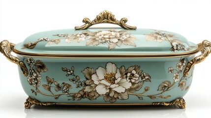 Elegant vintage ceramic dish with floral design and ornate handles