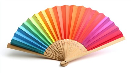 Vibrant Folding Fan with Rainbow Colors and Wooden Handle