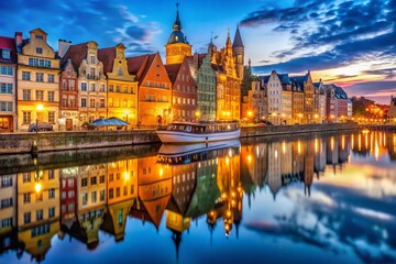 Obraz premium Gdansk Old Town Night Panorama: Motlawa River Reflections, Poland