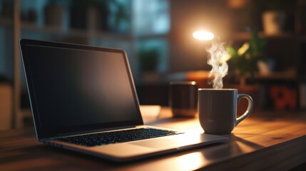 Steaming coffee mug sits next to a laptop on a wooden desk in a cozy home office at night, illuminated by a warm lamp, creating a relaxing and productive atmosphere