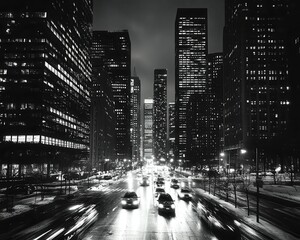 Obraz premium A black and white photo of an urban cityscape at night, with sharp contrasts, Black and white photography, Timeless and classic