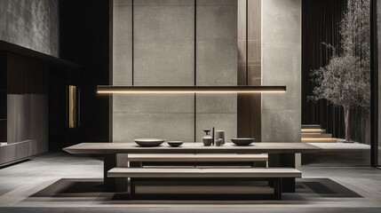 A spacious dining area with a contemporary rectangular dining table and bench seating.