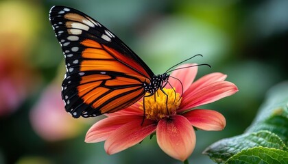 Fototapeta premium A butterfly feeding on a flower in a garden, Macro photography, Delicate and vibrant