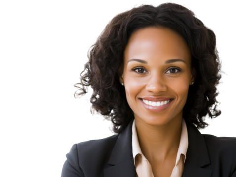 Confident African Businesswoman in Blazer Exudes Professionalism and Warmth, Embodying Success, Ambition, and the Strength of Women in Leadership Roles.