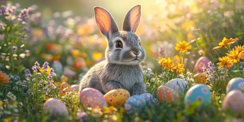 Cute rabbit surrounded by colorful Easter eggs in a vibrant spring flower meadow during golden hour