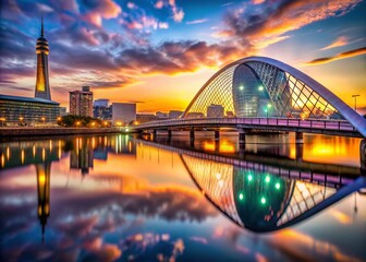 Naklejka premium Glasgow Science Centre Bridge, Tower & IMAX Cinema at Dusk with Bokeh Lights