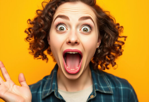 Mujer emocionada con expresi&oacute;n sorprendida sobre fondo amarillo
