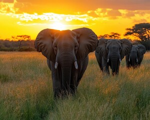Obraz premium A herd of elephants walking across the savannah at sunset, Nature photography, Majestic and golden