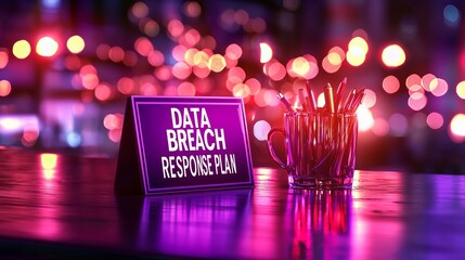 A vibrant workspace displays a sign for a data breach response plan beside a container of colorful pens.