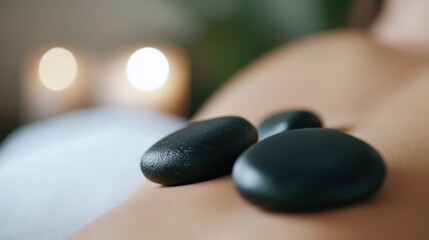 Hot stone massage on back with blurry candles