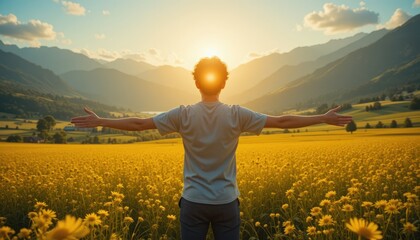 Fototapeta premium Person Embracing Nature in Flower Field with Mountains at Sunset
