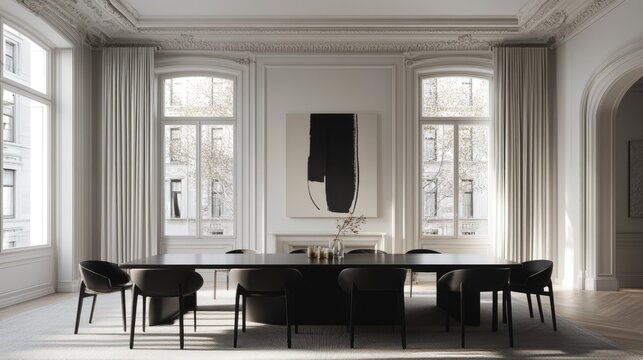 A stylish dining room with a sleek black rectangular table and matching chairs.
