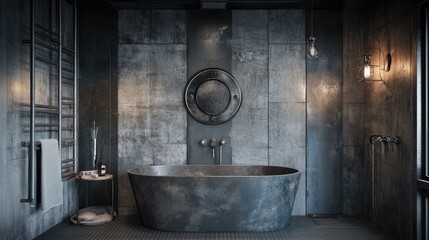 A stylish gray bathroom with industrial wall lamps enhancing the modern design.