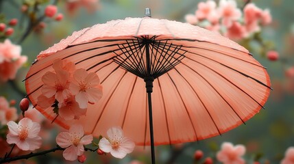 Pink umbrella under cherry blossoms, spring rain