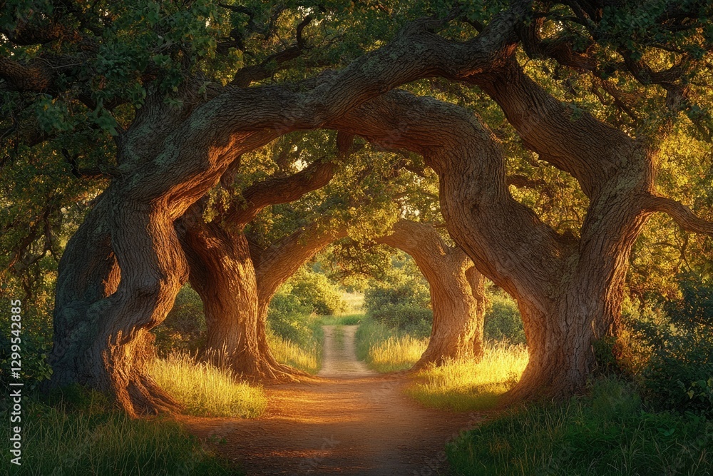 Poster sunlit path through ancient, arching oak trees, creating a magical forest scene.