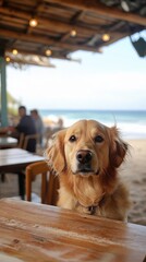 A golden retriever relaxes at a beachside cafe, gazing at the ocean. Sunlight shines on the dog, with people enjoying their time in the background. The atmosphere is warm and inviting