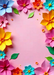 Fototapeta premium Colorful paper flowers and craft supplies arranged on pink background create vibrant and festive atmosphere, perfect for DIY projects and celebrations new falce image