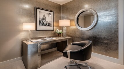 A stylish room with a textured wallpaper accent wall in perfect condition.