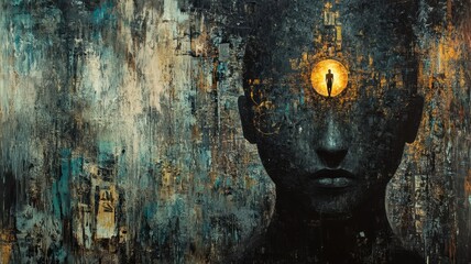 A striking artwork portrays a human head in deep contemplation, with a luminous orb in the forehead area. Abstract textures and colors enhance the theme of introspection and awareness