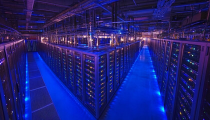 Fototapeta premium Massive Server Room Filled With Rows Of Computer Server Racks Illuminated By Blue Lights