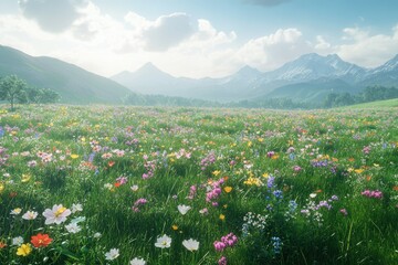 Fototapeta premium Vibrant wildflowers bloom in a lush meadow, set against a majestic backdrop of snow-capped mountains under a sunny sky.