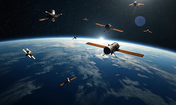Numerous Satellites Orbiting Earth as Seen from Space