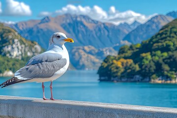 Photo of a seagull landing and standing on an old asphalt wall on the shore of a beautiful scenic lake with large mountains