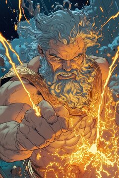 Zeus vs Cronus: Cartoon Illustration Logo of Greek Mythology's Battle, Divine Power, Thunderbolt, Golden Ichor, Comic Book Style