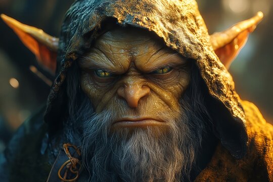 An outdoor fantasy scene with a large, bearded, old, rugged hooded goblin staring at you.