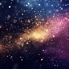 Fototapeta premium A mesmerizing expanse of cosmic dust stretches across the night sky, filled with sparkling stars. Colorful hues of purple, gold, and deep blue blend seamlessly, creating an otherworldly atmosphere