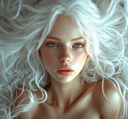 Fototapeta premium Hair art photo of a beautiful young hair model with long white wavy hair spread out in all directions, looking straight ahead and looking charismatic and attractive