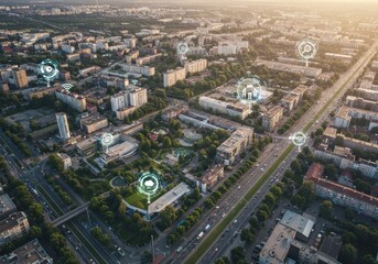 Fototapeta premium Cityscape at Sunset with Digital Overlay Network